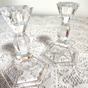 Vintage Micheal C Fina 5th Avenue Crystal candlesticks set 24% lead hexagon pair